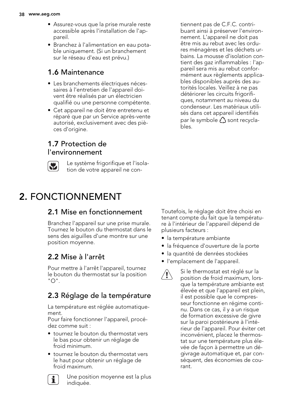 Fonctionnement, 6 maintenance, 7 protection de l'environnement | 1 mise en fonctionnement, 2 mise à l'arrêt, 3 réglage de la température | AEG S71709TSW0 User Manual | Page 38 / 68
