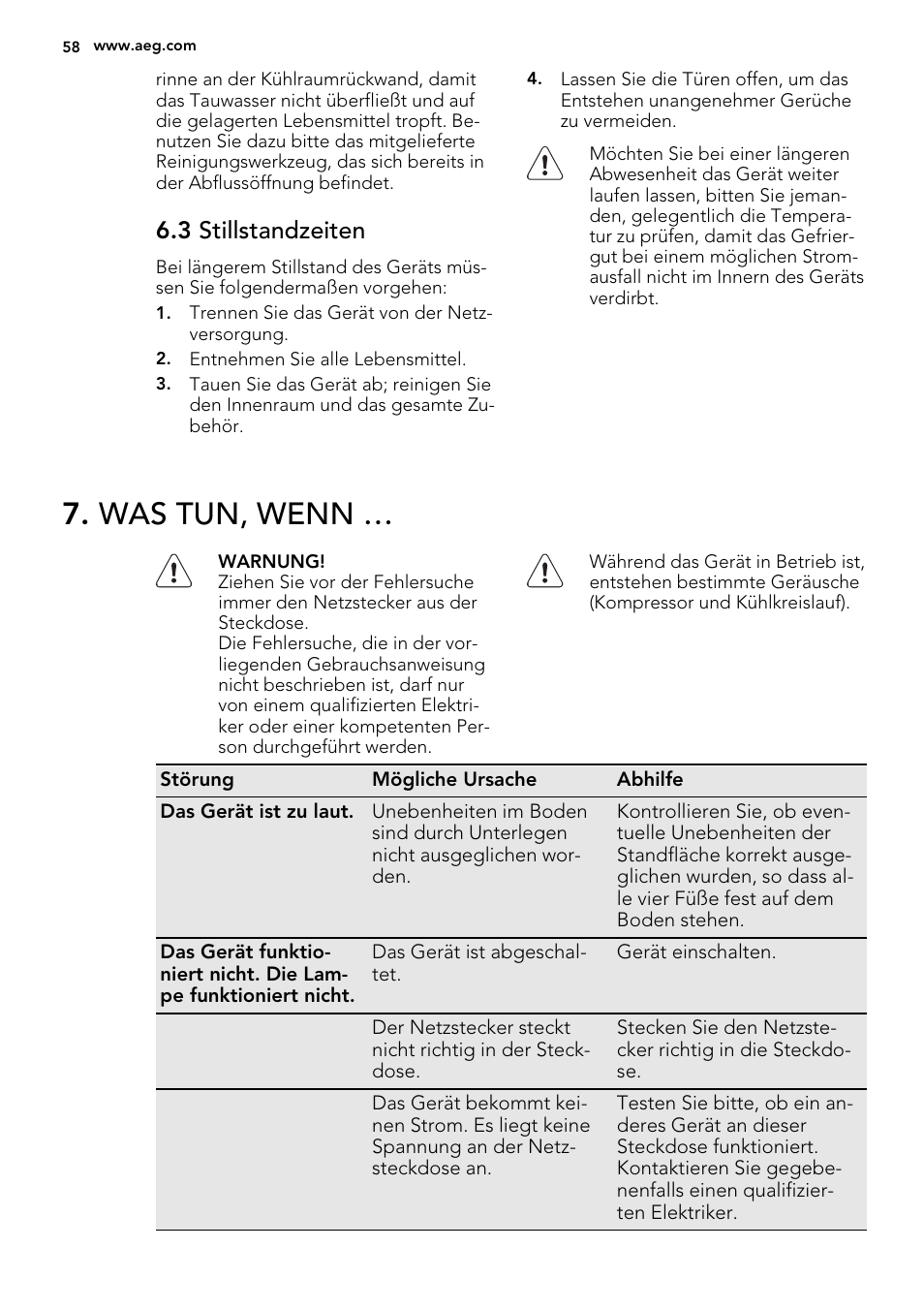 Was tun, wenn, 3 stillstandzeiten | AEG S71709TSW0 User Manual | Page 58 / 68