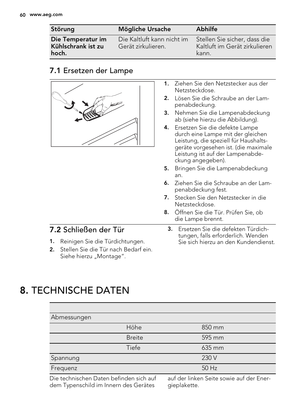 Technische daten, 1 ersetzen der lampe, 2 schließen der tür | AEG S71709TSW0 User Manual | Page 60 / 68