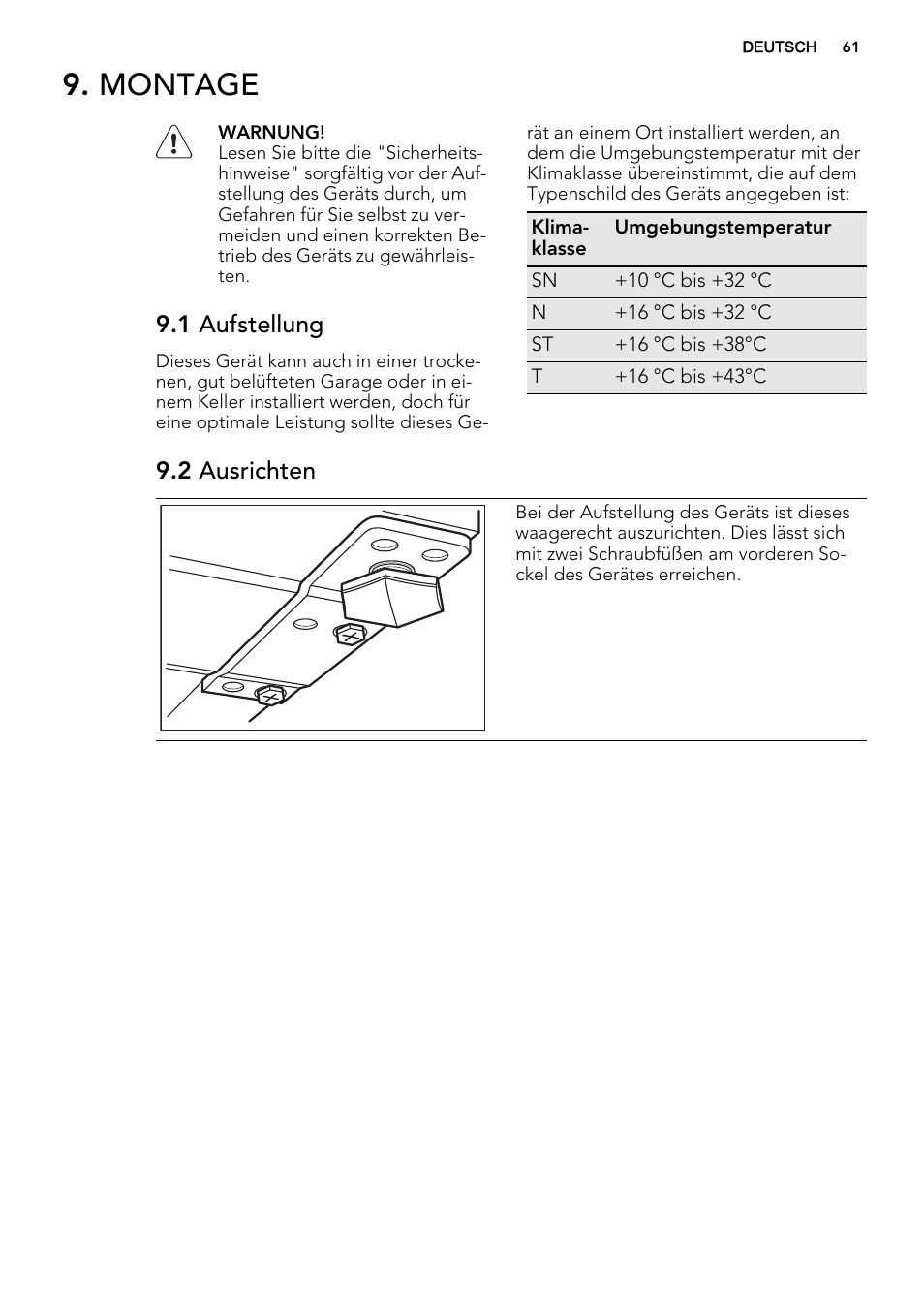 Montage, 1 aufstellung, 2 ausrichten | AEG S71709TSW0 User Manual | Page 61 / 68