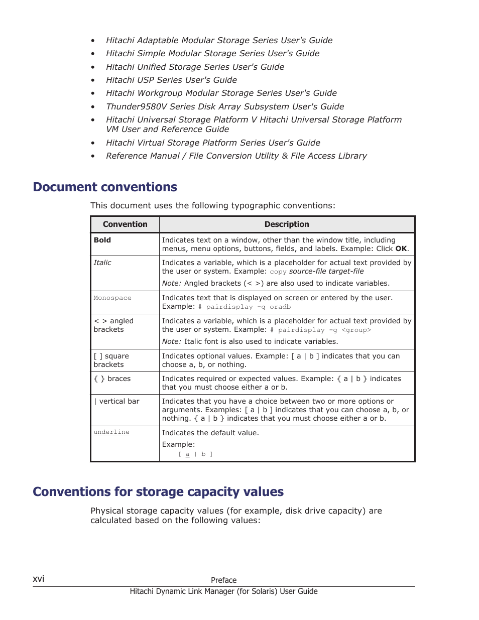 Document conventions, Conventions for storage capacity values | HP Hitachi Dynamic Link Manager Software Licenses User Manual | Page 16 / 646