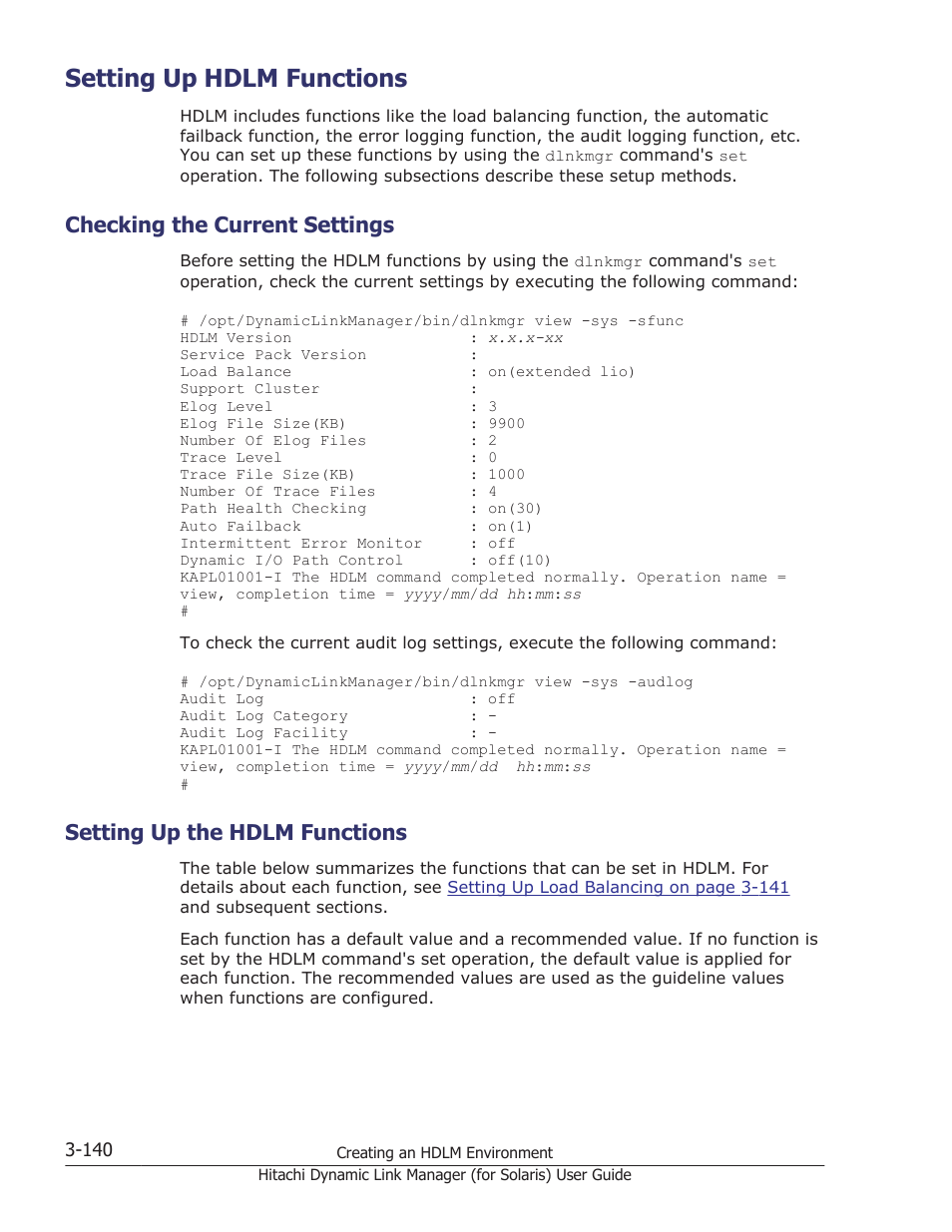 Setting up hdlm functions, Checking the current settings, Setting up the hdlm functions | Setting up hdlm functions -140, Checking the current settings -140, Setting up the hdlm functions -140, Setting up the hdlm | HP Hitachi Dynamic Link Manager Software Licenses User Manual | Page 206 / 646