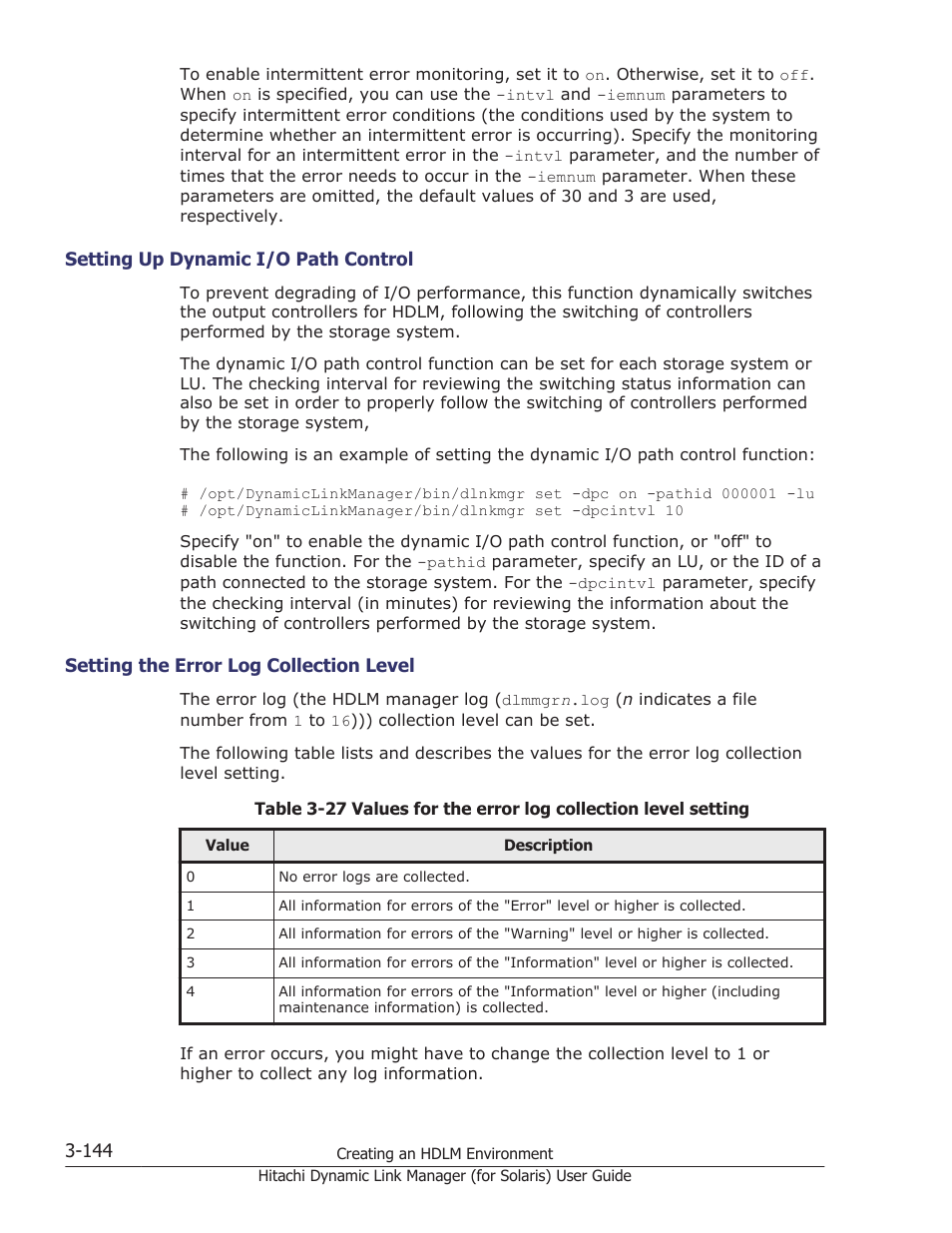 Setting up dynamic i/o path control -144, Setting the error log collection level -144 | HP Hitachi Dynamic Link Manager Software Licenses User Manual | Page 210 / 646