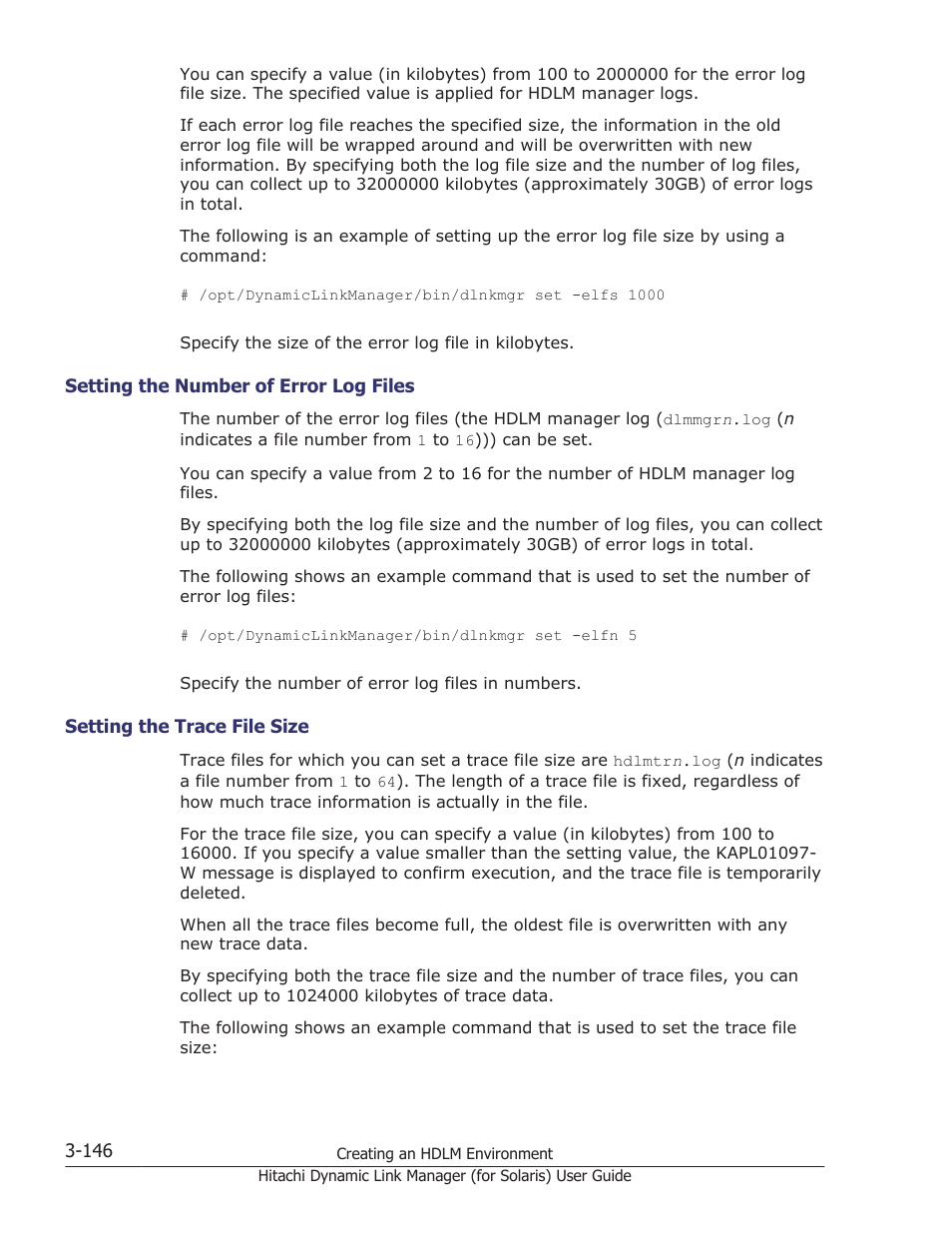 Setting the number of error log files -146, Setting the trace file size -146 | HP Hitachi Dynamic Link Manager Software Licenses User Manual | Page 212 / 646