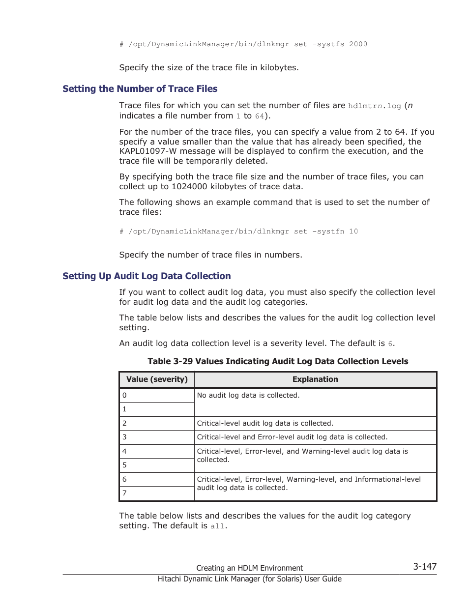 Setting the number of trace files -147, Setting up audit log data collection -147 | HP Hitachi Dynamic Link Manager Software Licenses User Manual | Page 213 / 646