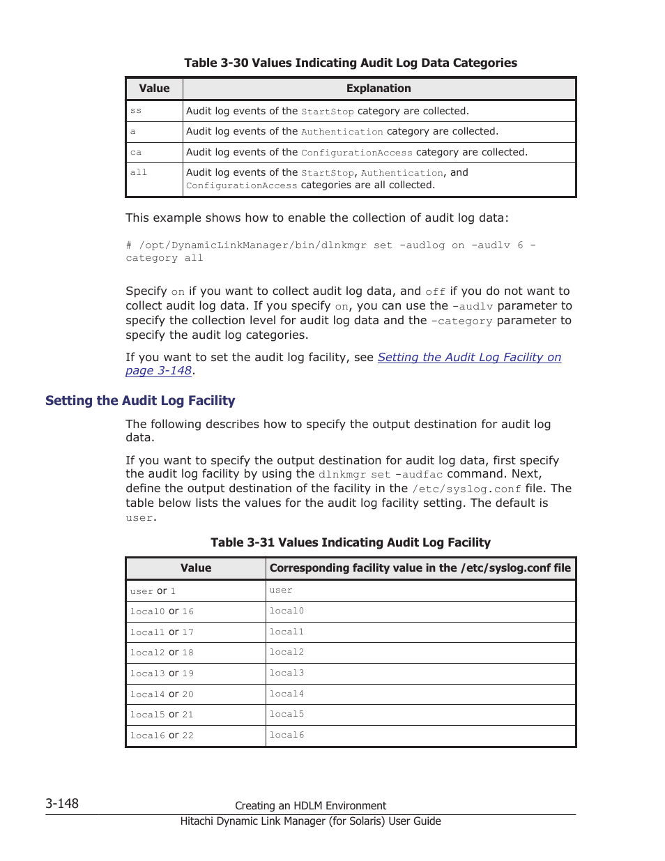 Setting the audit log facility -148 | HP Hitachi Dynamic Link Manager Software Licenses User Manual | Page 214 / 646