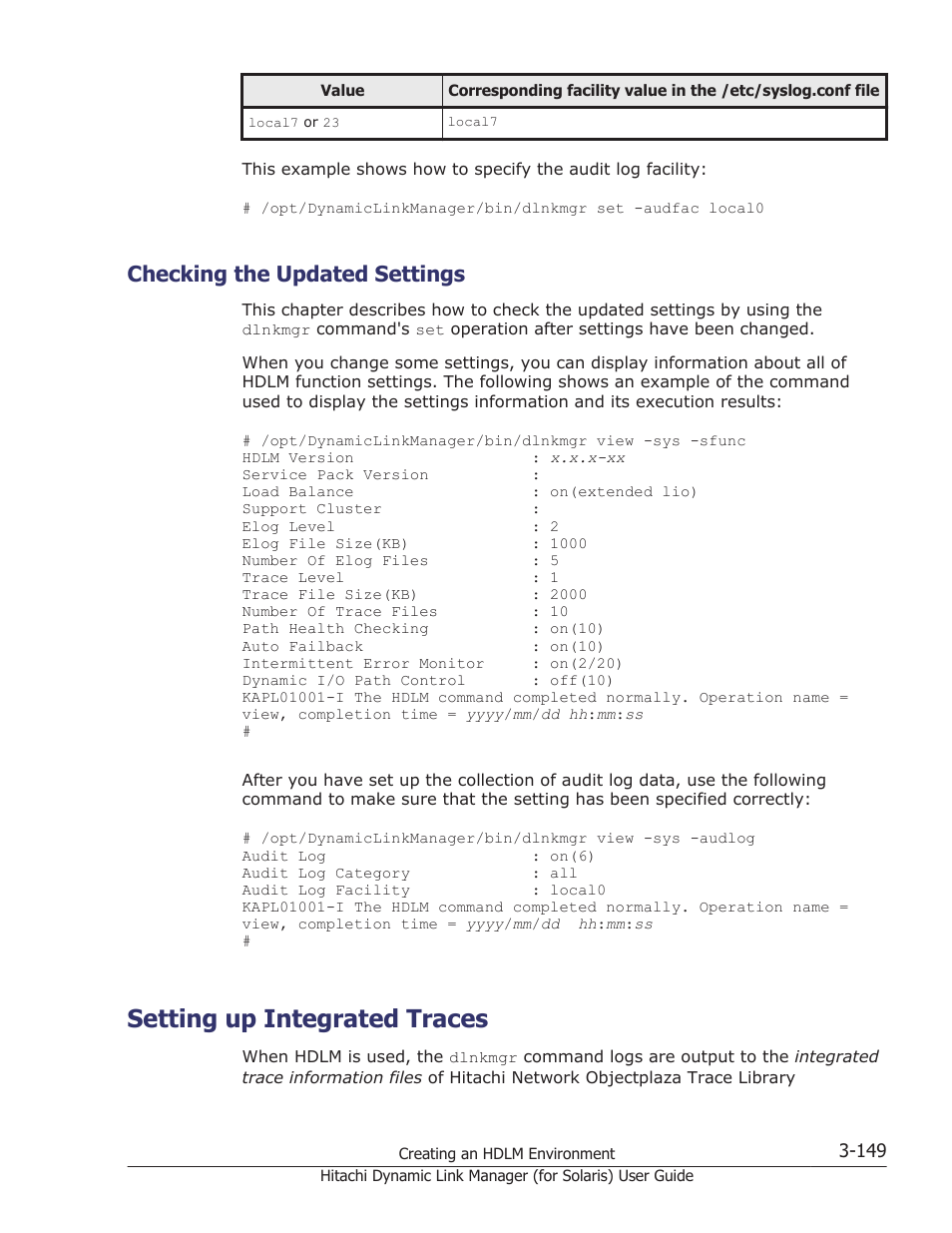 Checking the updated settings, Setting up integrated traces, Checking the updated settings -149 | Setting up integrated traces -149 | HP Hitachi Dynamic Link Manager Software Licenses User Manual | Page 215 / 646