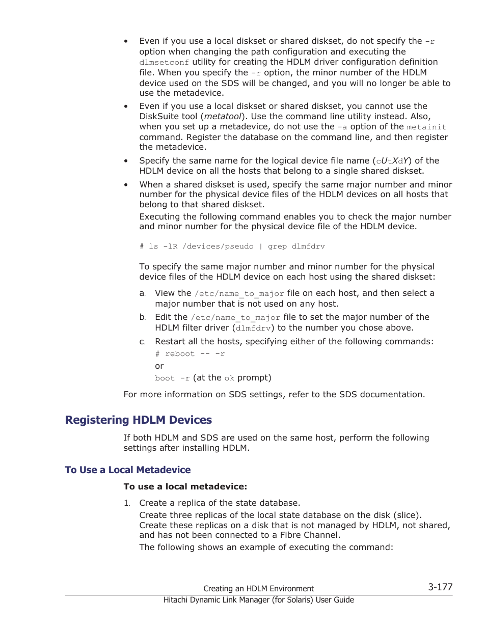 Registering hdlm devices, Registering hdlm devices -177, To use a local metadevice -177 | HP Hitachi Dynamic Link Manager Software Licenses User Manual | Page 243 / 646