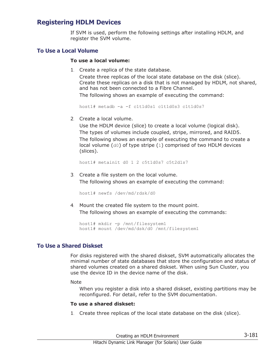 Registering hdlm devices, Registering hdlm devices -181, To use a local volume -181 | To use a shared diskset -181, If you are using svm, see | HP Hitachi Dynamic Link Manager Software Licenses User Manual | Page 247 / 646