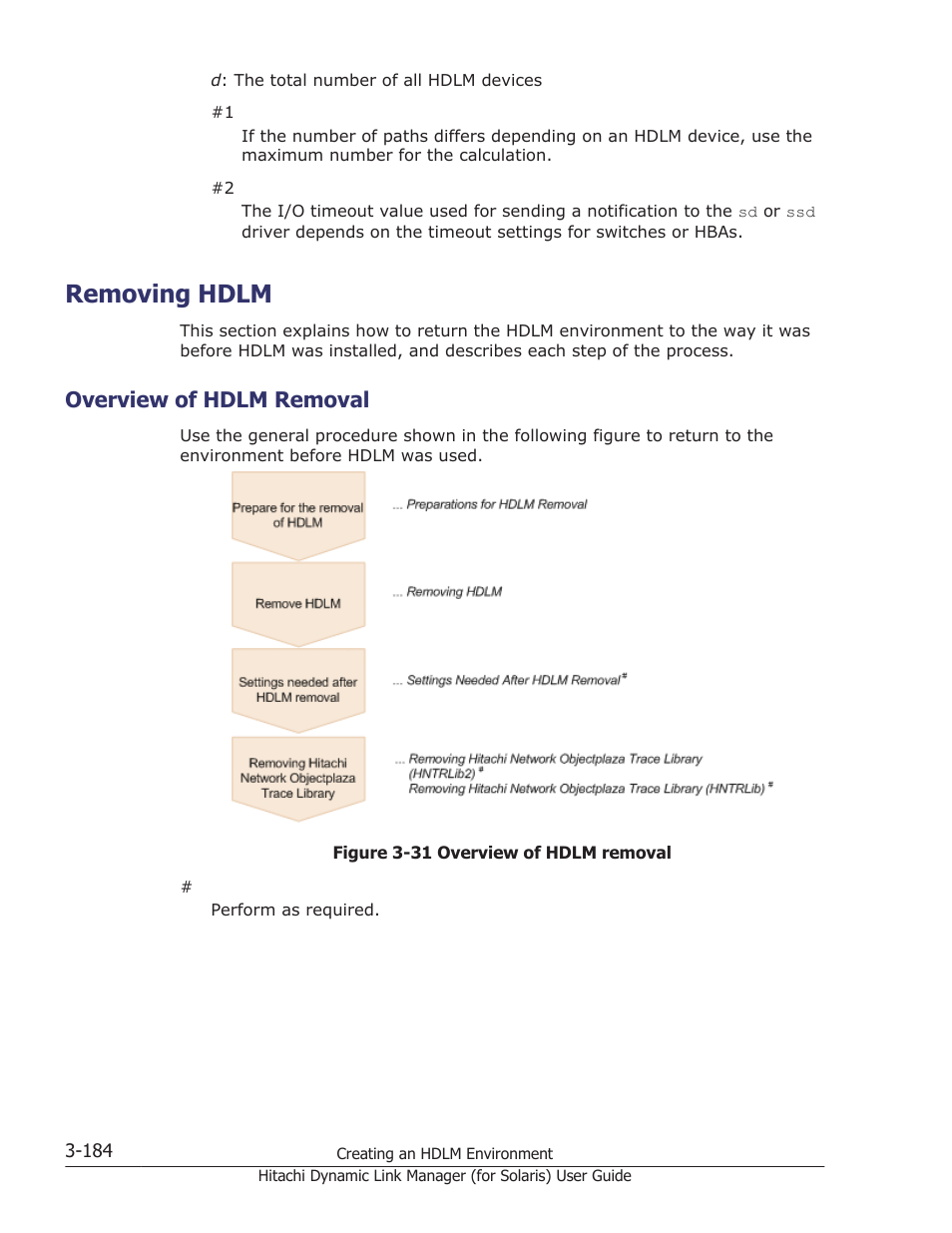 Removing hdlm, Overview of hdlm removal, Removing hdlm -184 | Overview of hdlm removal -184, Referring to, Remove hdlm by referring to | HP Hitachi Dynamic Link Manager Software Licenses User Manual | Page 250 / 646