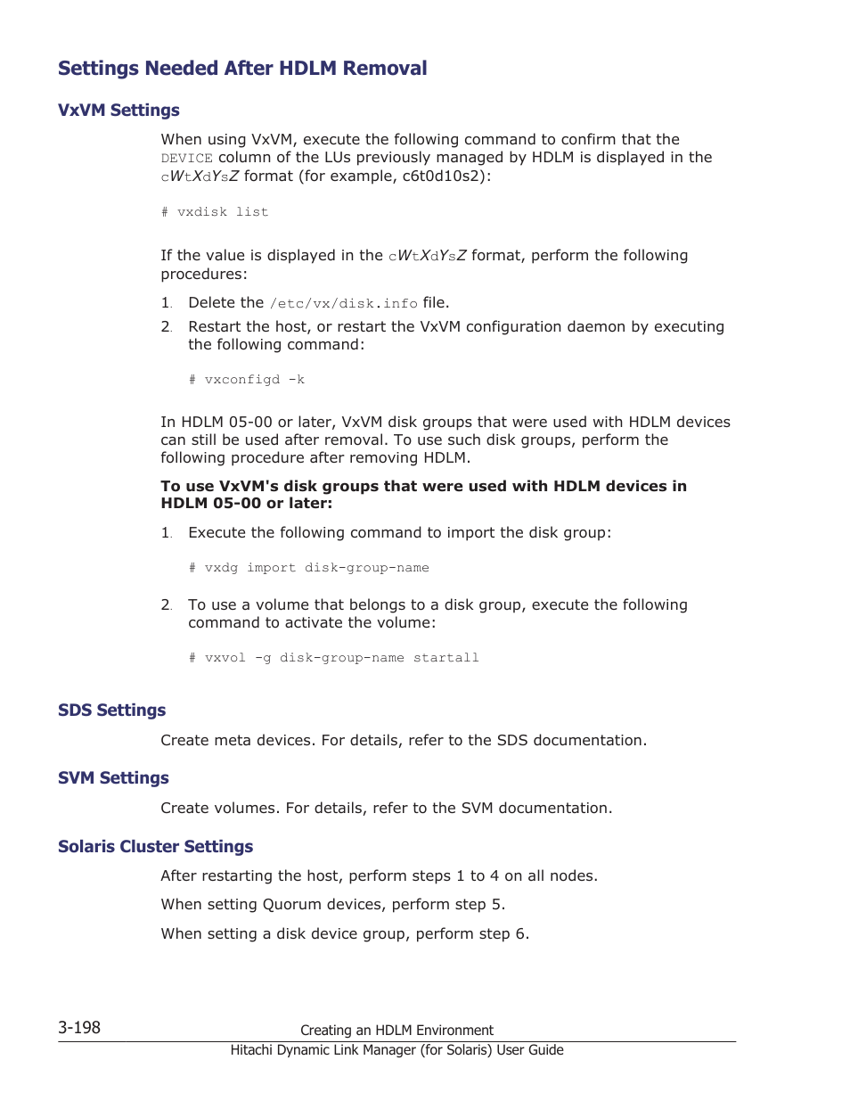 Settings needed after hdlm removal, Settings needed after hdlm removal -198, Vxvm settings -198 | Sds settings -198, Svm settings -198, Solaris cluster settings -198 | HP Hitachi Dynamic Link Manager Software Licenses User Manual | Page 264 / 646