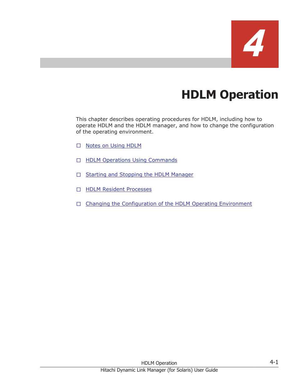 Hdlm operation, 4 hdlm operation -1, Chapter 4, hdlm operation on | HP Hitachi Dynamic Link Manager Software Licenses User Manual | Page 269 / 646