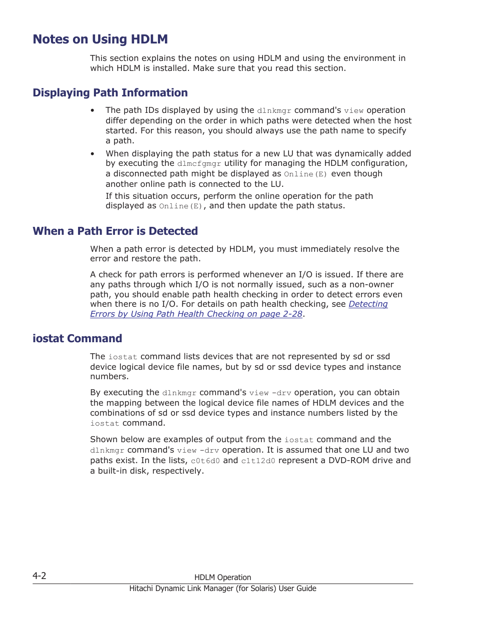 Notes on using hdlm, Displaying path information, When a path error is detected | Iostat command, Notes on using hdlm -2, Displaying path information -2, When a path error is detected -2, Iostat command -2 | HP Hitachi Dynamic Link Manager Software Licenses User Manual | Page 270 / 646