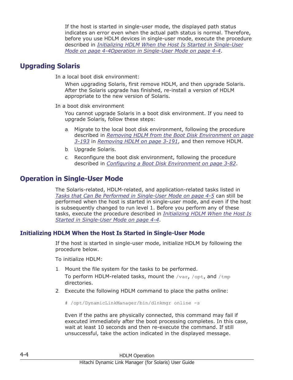 Upgrading solaris, Operation in single-user mode, Upgrading solaris -4 | Operation in single-user mode -4, Initializing hdlm, Operation | HP Hitachi Dynamic Link Manager Software Licenses User Manual | Page 272 / 646