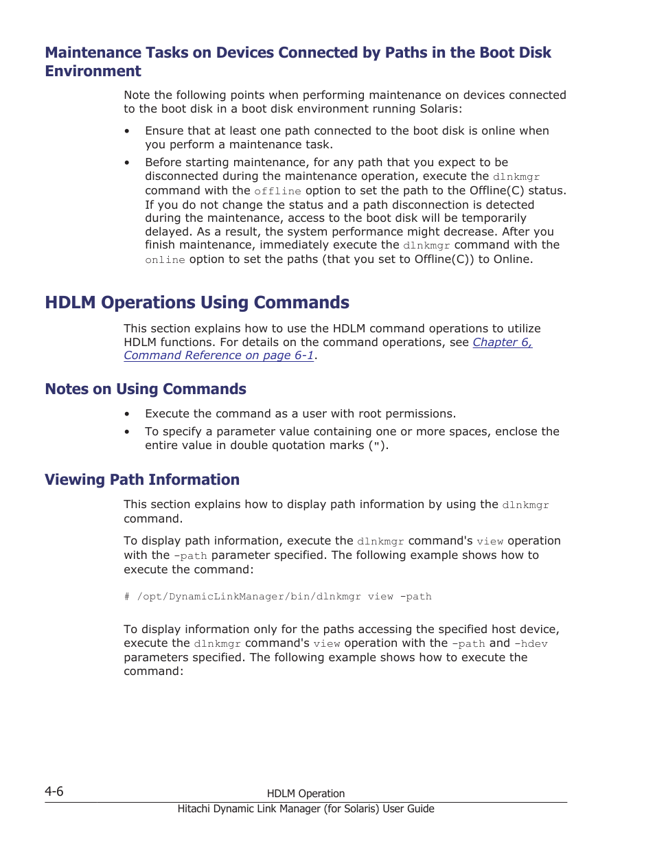 Hdlm operations using commands, Notes on using commands, Viewing path information | Hdlm operations using commands -6, Notes on using commands -6, Viewing path information -6 | HP Hitachi Dynamic Link Manager Software Licenses User Manual | Page 274 / 646