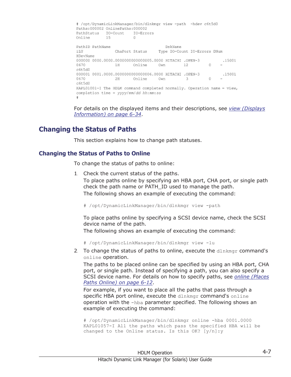 Changing the status of paths, Changing the status of paths -7, Changing the status of paths to online -7 | HP Hitachi Dynamic Link Manager Software Licenses User Manual | Page 275 / 646