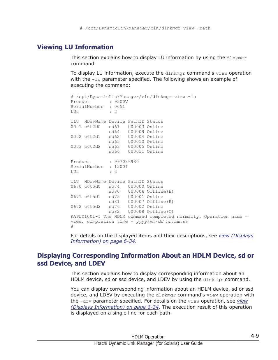 Viewing lu information, Viewing lu information -9, Ldev -9 | HP Hitachi Dynamic Link Manager Software Licenses User Manual | Page 277 / 646