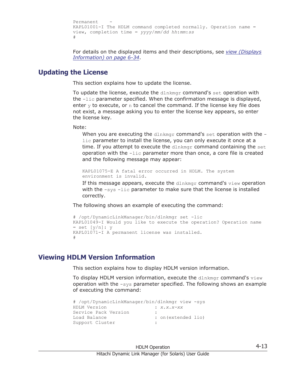 Updating the license, Viewing hdlm version information, Updating the license -13 | Viewing hdlm version information -13 | HP Hitachi Dynamic Link Manager Software Licenses User Manual | Page 281 / 646