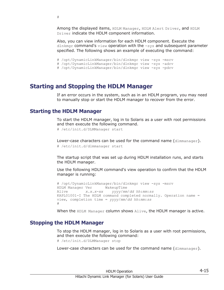 Starting and stopping the hdlm manager, Starting the hdlm manager, Stopping the hdlm manager | Starting and stopping the hdlm manager -15, Starting the hdlm manager -15, Stopping the hdlm manager -15 | HP Hitachi Dynamic Link Manager Software Licenses User Manual | Page 283 / 646