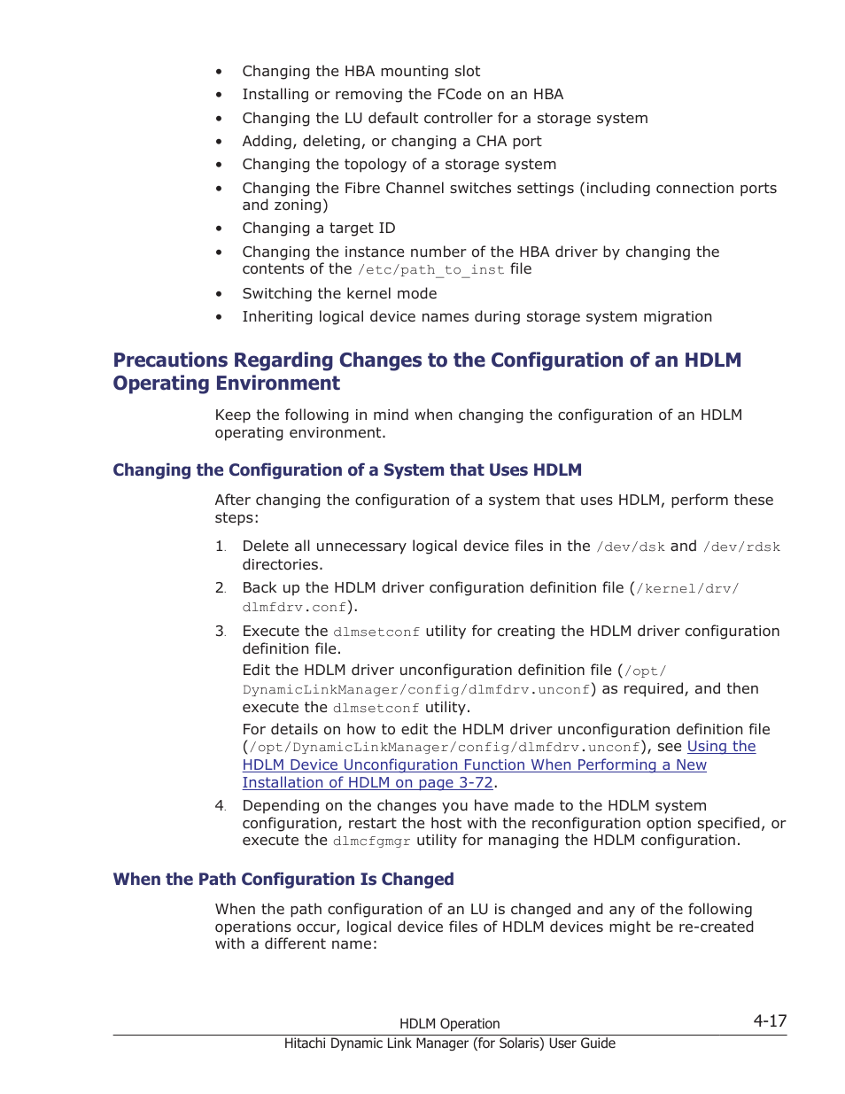 Environment -17, When the path configuration is changed -17, When the path | Precautions regarding, To determine this path, perform the procedure in | HP Hitachi Dynamic Link Manager Software Licenses User Manual | Page 285 / 646