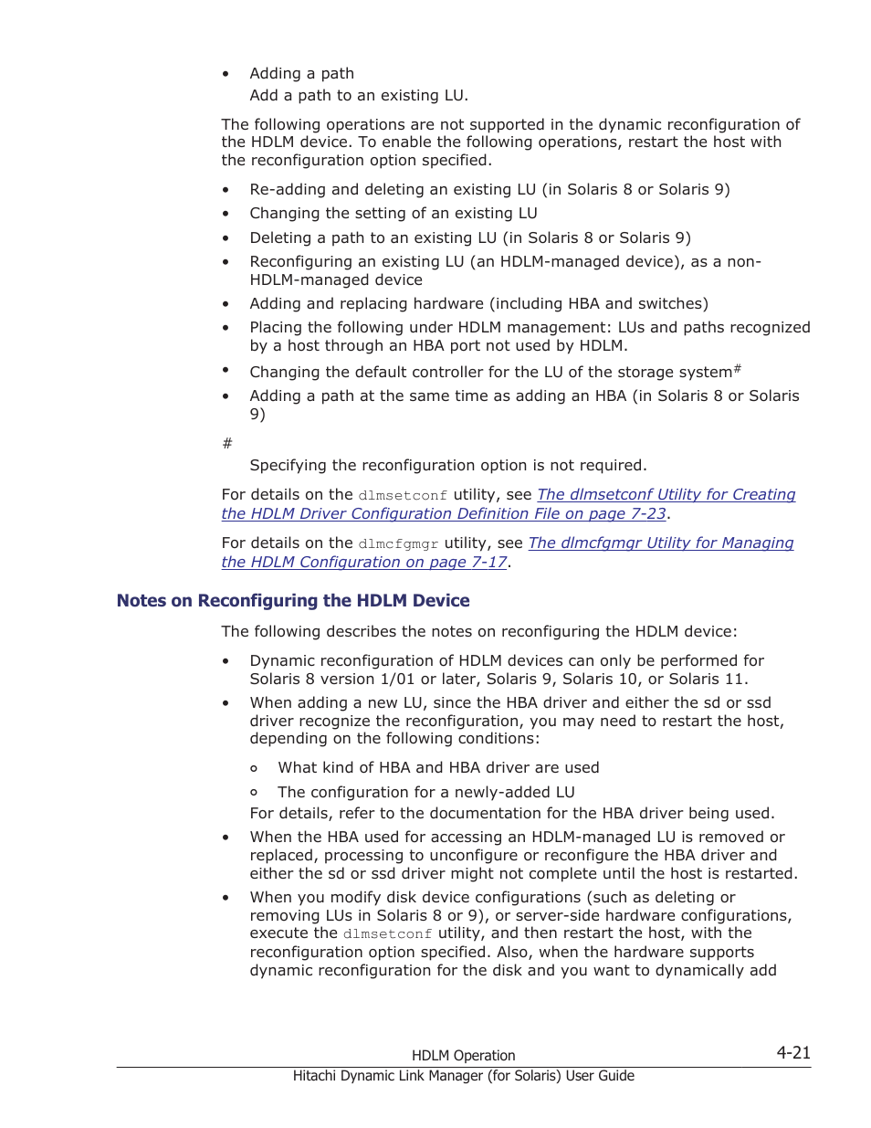 Notes on reconfiguring the hdlm device -21 | HP Hitachi Dynamic Link Manager Software Licenses User Manual | Page 289 / 646