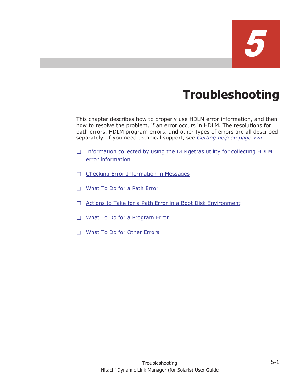 Troubleshooting, 5 troubleshooting -1, Chapter 5, troubleshooting on | HP Hitachi Dynamic Link Manager Software Licenses User Manual | Page 339 / 646