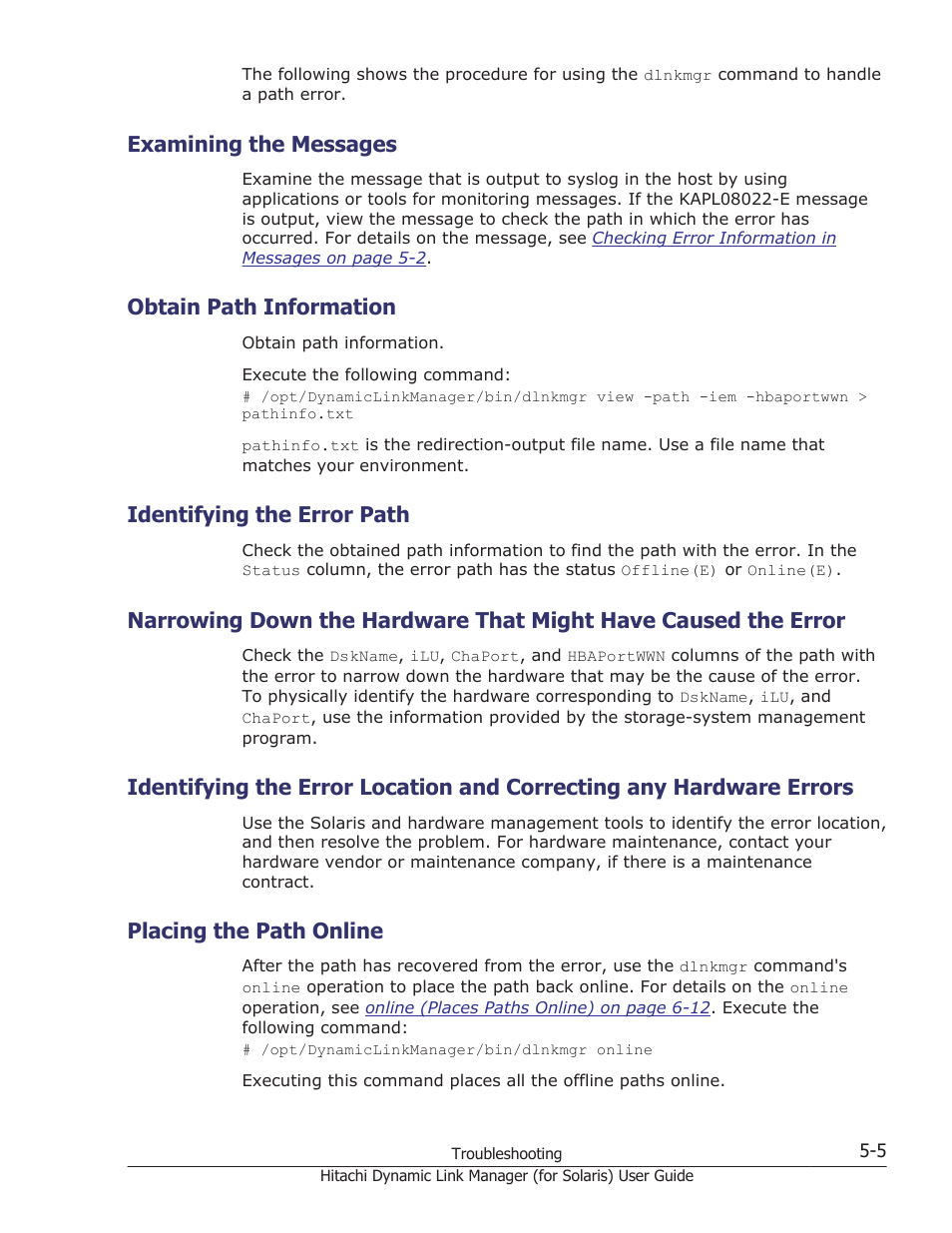 Examining the messages, Obtain path information, Identifying the error path | Placing the path online, Examining the messages -5, Obtain path information -5, Identifying the error path -5, Placing the path online -5 | HP Hitachi Dynamic Link Manager Software Licenses User Manual | Page 343 / 646