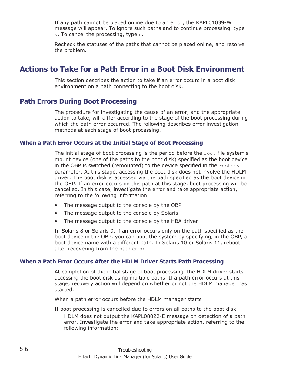 Path errors during boot processing, Path errors during boot processing -6, Environment, see | Actions to take for a path error in a boot disk, Disk, perform the procedure described in, Actions to take for a path error in a | HP Hitachi Dynamic Link Manager Software Licenses User Manual | Page 344 / 646