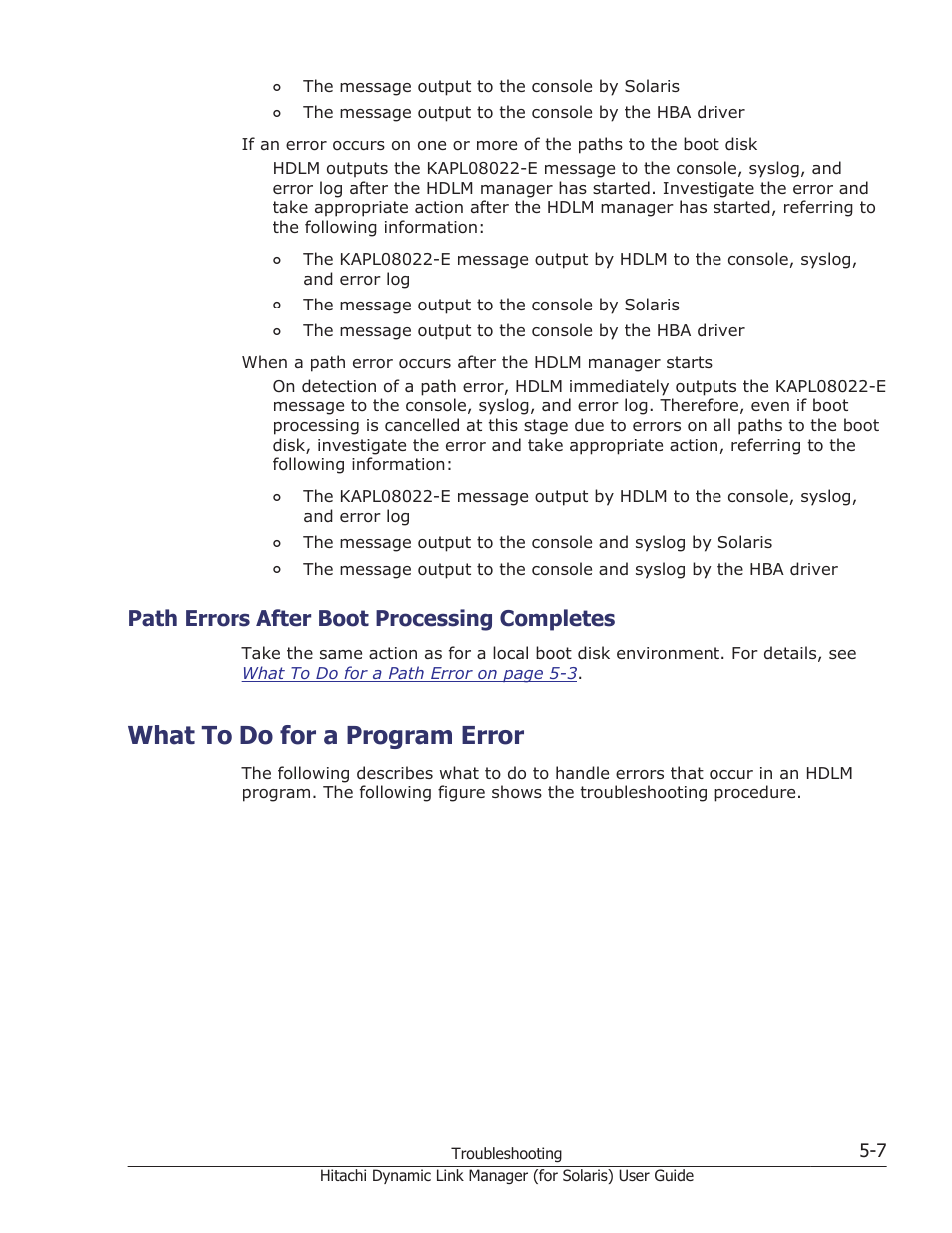 Path errors after boot processing completes, What to do for a program error, Path errors after boot processing completes -7 | What to do for a program error -7 | HP Hitachi Dynamic Link Manager Software Licenses User Manual | Page 345 / 646