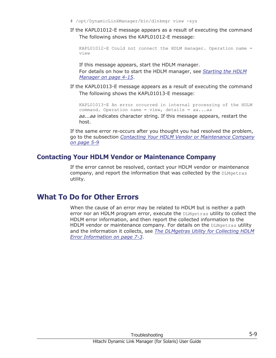 Contacting your hdlm vendor or maintenance company, What to do for other errors, What to do for other errors -9 | HP Hitachi Dynamic Link Manager Software Licenses User Manual | Page 347 / 646