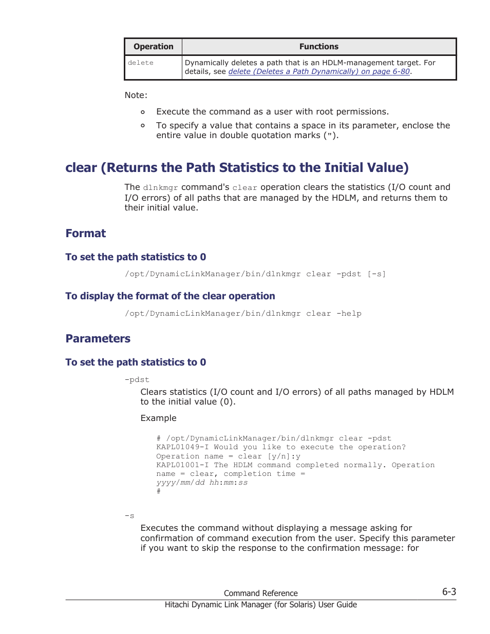 Format, Parameters, Format -3 | To set the path statistics to 0 -3, To display the format of the clear operation -3, Parameters -3, Managed by the hdlm system. for details, see, Clear (returns the path | HP Hitachi Dynamic Link Manager Software Licenses User Manual | Page 351 / 646