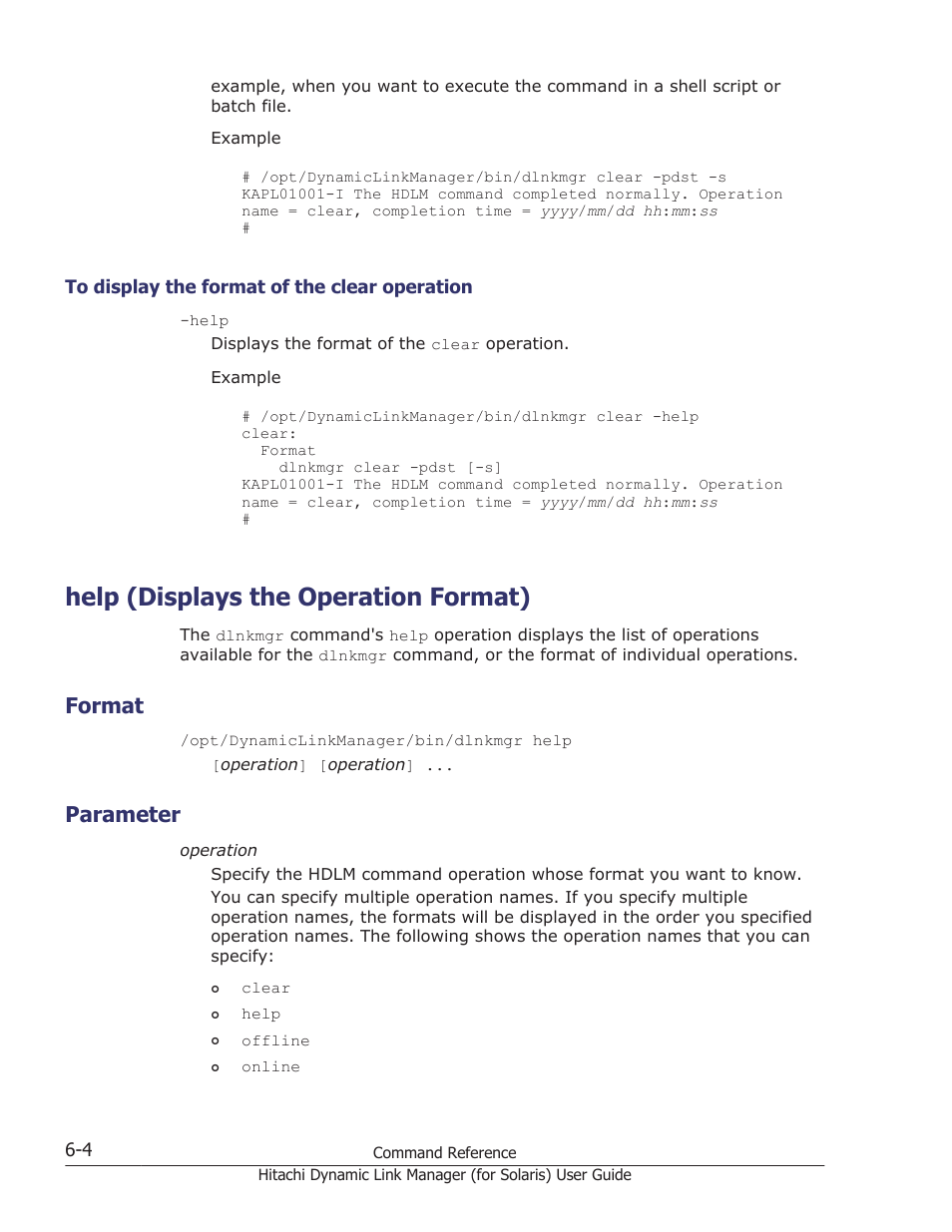 Help (displays the operation format), Format, Parameter | To display the format of the clear operation -4, Help (displays the operation format) -4, Format -4, Parameter -4, Help | HP Hitachi Dynamic Link Manager Software Licenses User Manual | Page 352 / 646