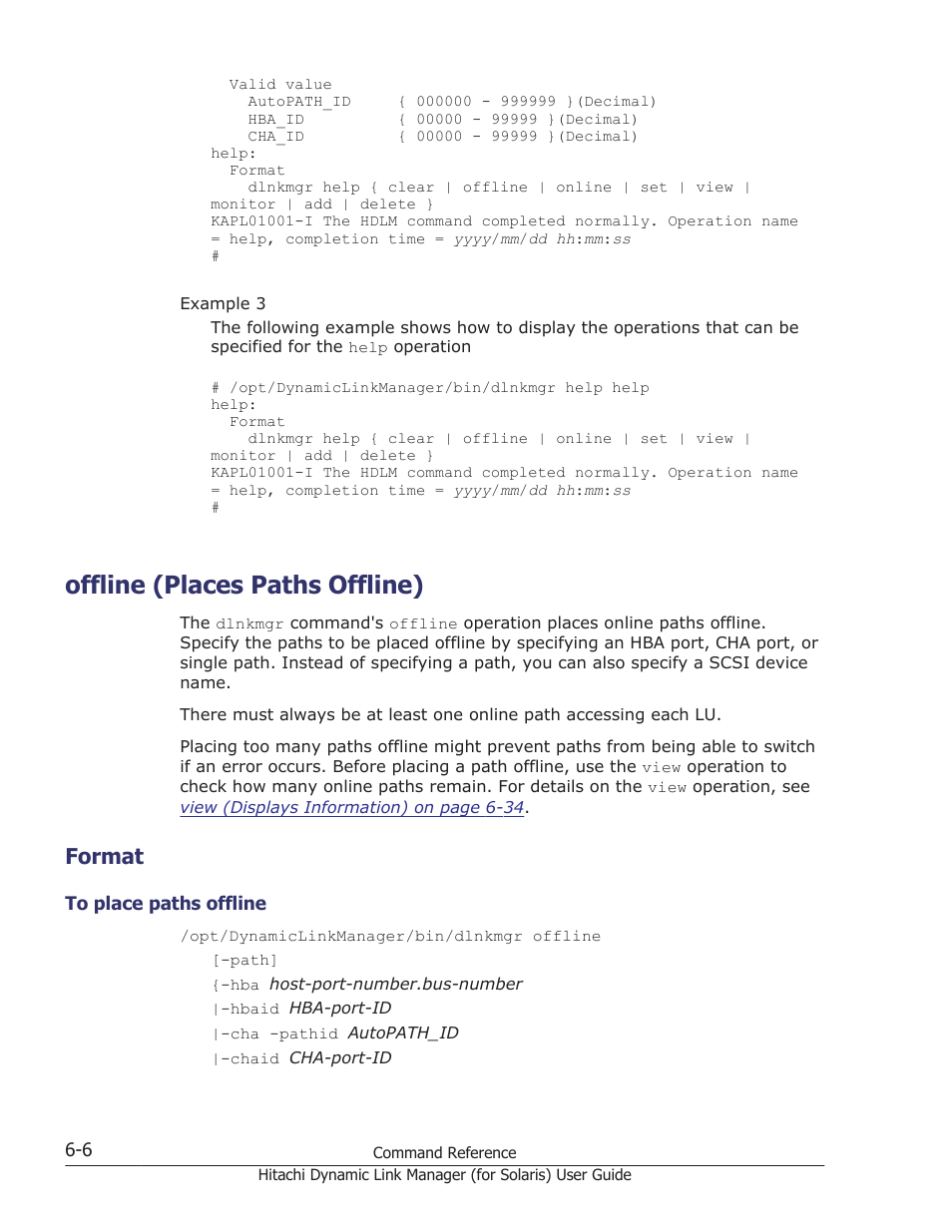Offline (places paths offline), Format, Offline (places paths offline) -6 | Format -6, To place paths offline -6, Operation, see, Offline (places paths offline) on, Offline (places | HP Hitachi Dynamic Link Manager Software Licenses User Manual | Page 354 / 646