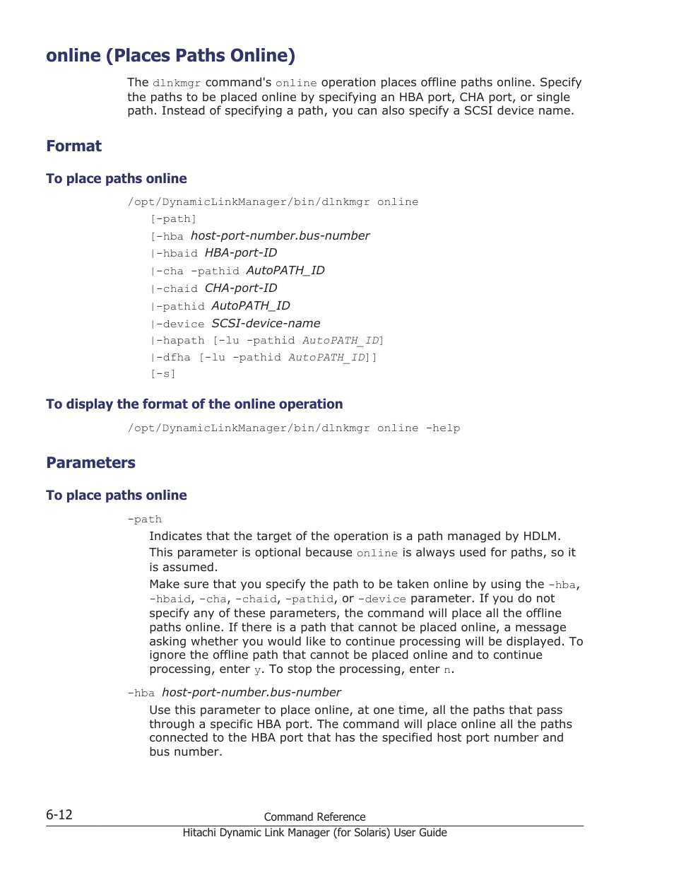 Online (places paths online), Format, Parameters | Online (places paths online) -12, Format -12, To place paths online -12, To display the format of the online operation -12, Parameters -12, Operation, see, Online (places paths online) on | HP Hitachi Dynamic Link Manager Software Licenses User Manual | Page 360 / 646