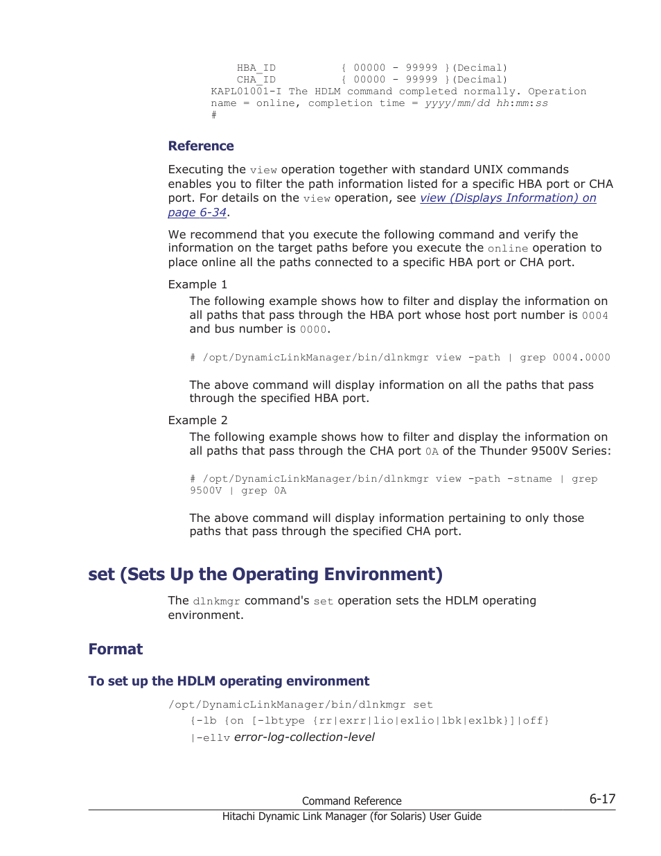 Set (sets up the operating environment), Format, Set (sets up the operating environment) -17 | Format -17, To set up the hdlm operating environment -17, On how to specify the settings, see, Operation, see, Set (sets up the, Set (sets, For details on how to set up each function, see | HP Hitachi Dynamic Link Manager Software Licenses User Manual | Page 365 / 646