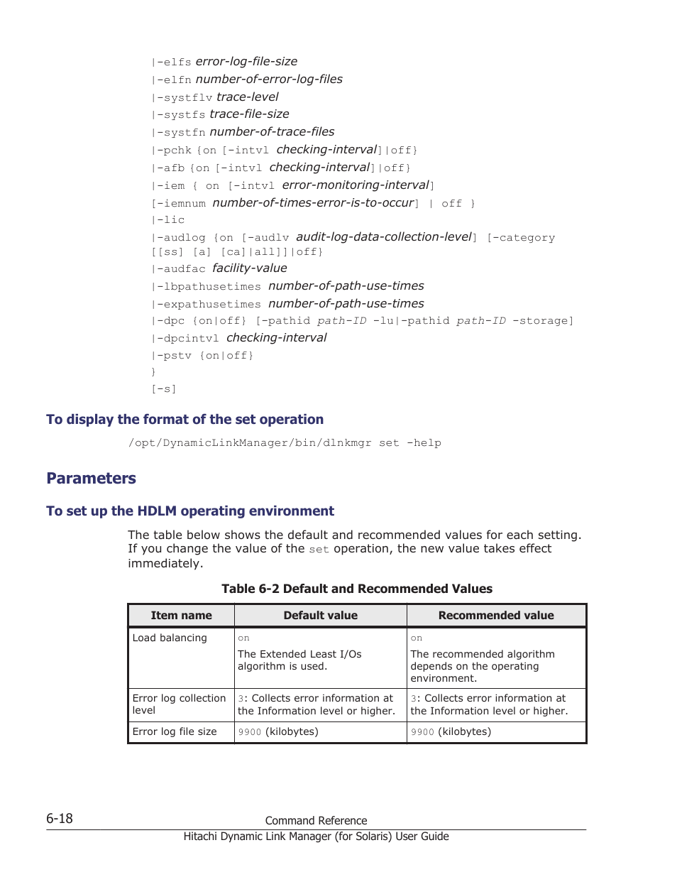 Parameters, To display the format of the set operation -18, Parameters -18 | To set up the hdlm operating environment -18 | HP Hitachi Dynamic Link Manager Software Licenses User Manual | Page 366 / 646