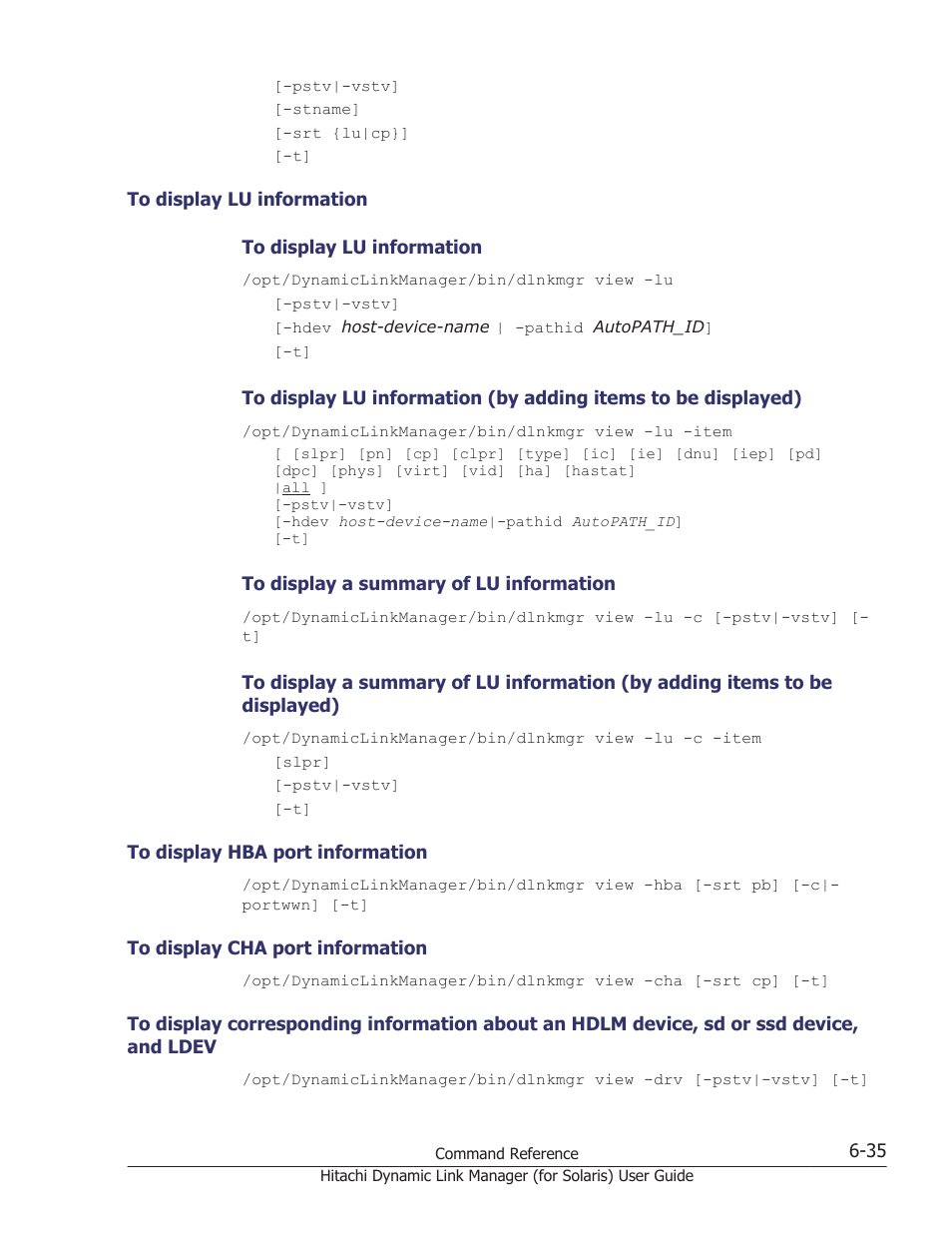 To display lu information -35, To display hba port information -35, To display cha port information -35 | And ldev -35 | HP Hitachi Dynamic Link Manager Software Licenses User Manual | Page 383 / 646