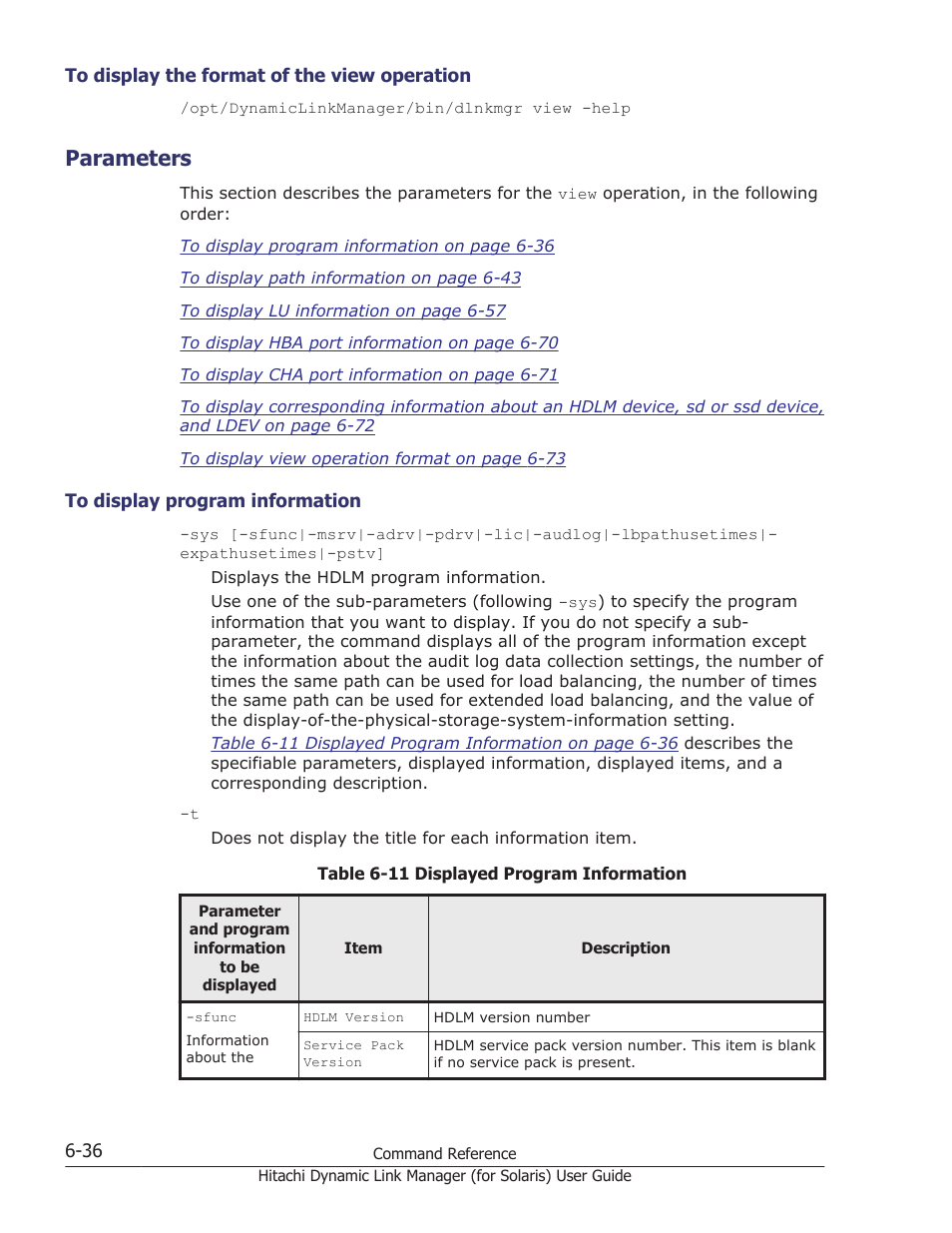 Parameters, To display the format of the view operation -36, Parameters -36 | To display program information -36 | HP Hitachi Dynamic Link Manager Software Licenses User Manual | Page 384 / 646