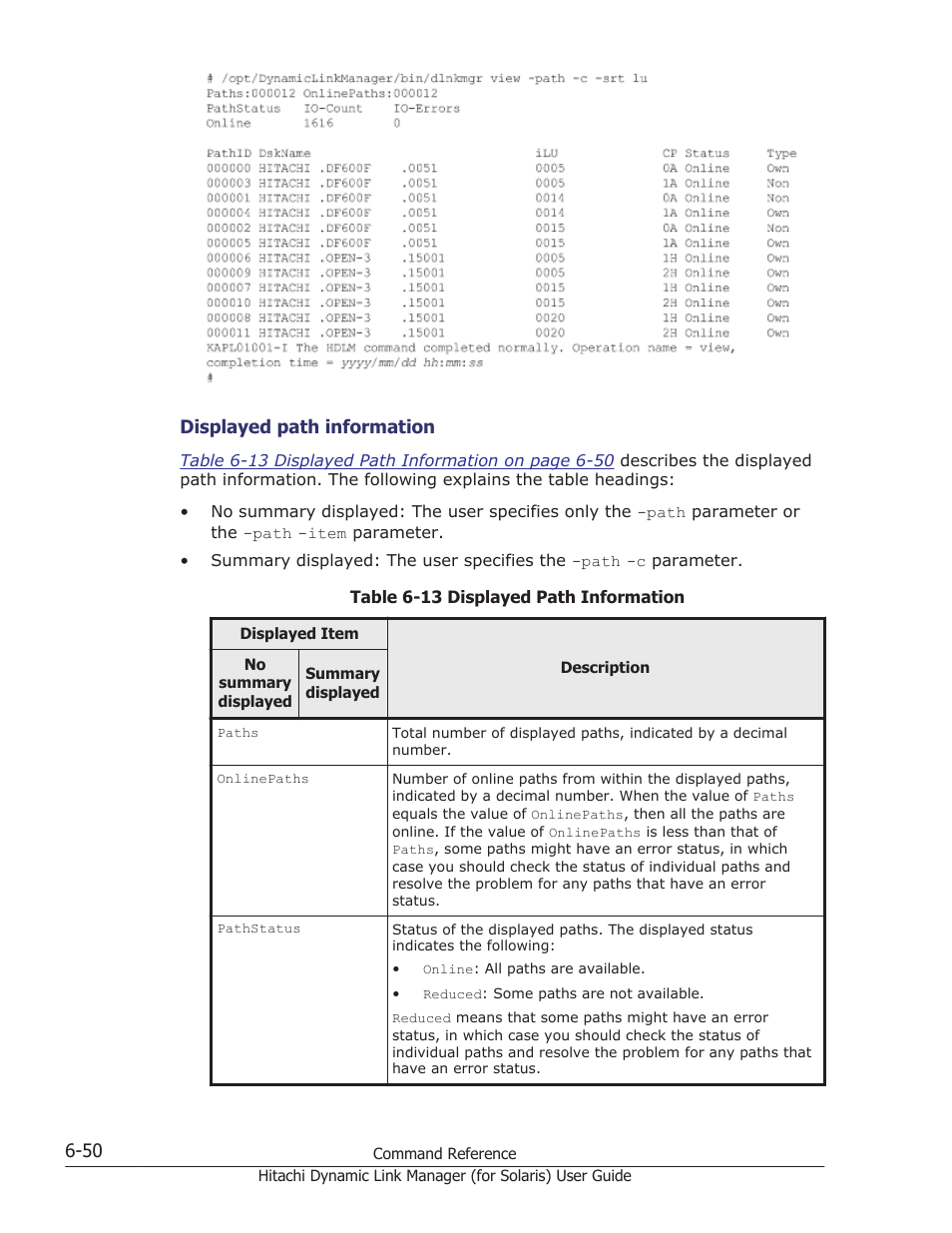 Table 6-13 displayed | HP Hitachi Dynamic Link Manager Software Licenses User Manual | Page 398 / 646
