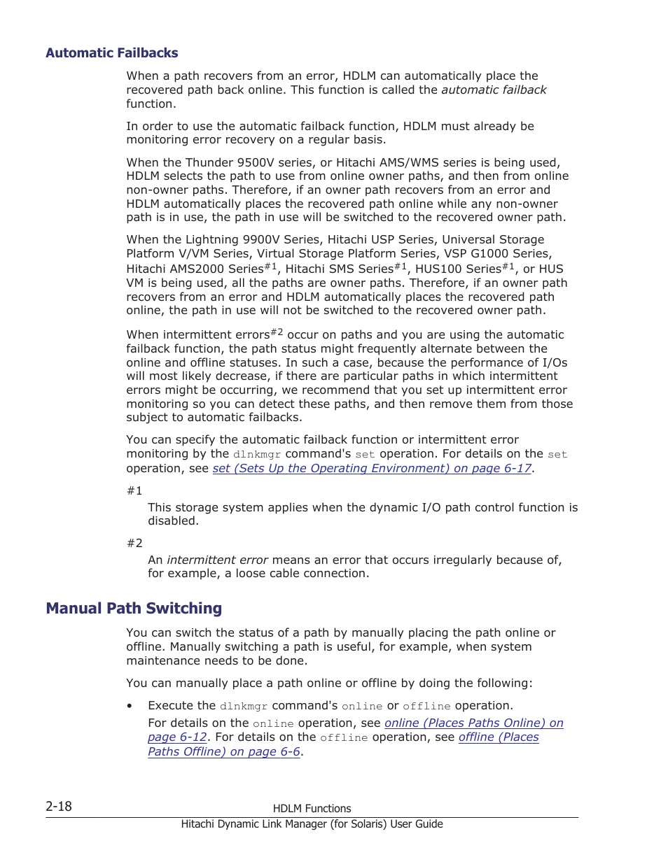 Manual path switching, Automatic failbacks -18, Manual path switching -18 | HP Hitachi Dynamic Link Manager Software Licenses User Manual | Page 40 / 646