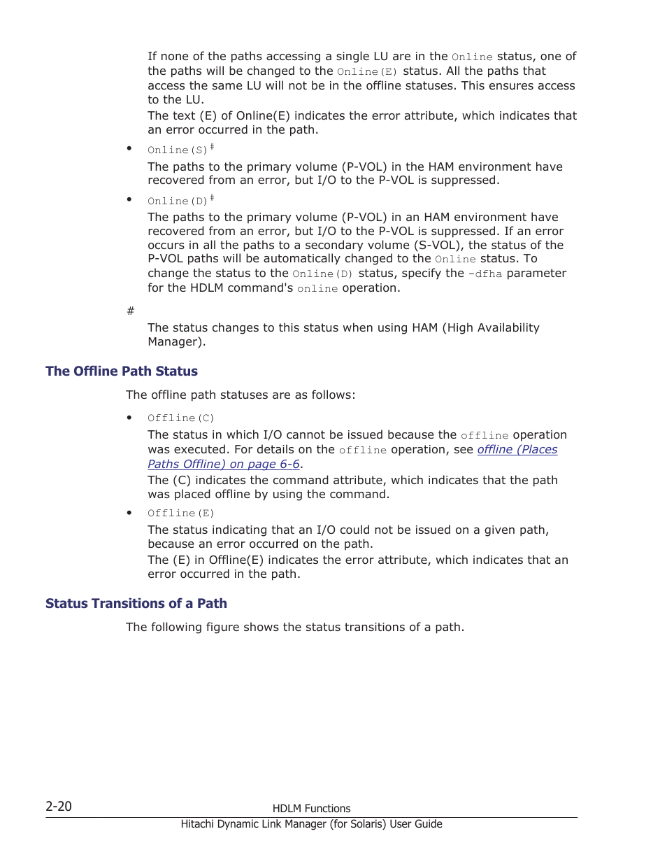 The offline path status -20, Status transitions of a path -20 | HP Hitachi Dynamic Link Manager Software Licenses User Manual | Page 42 / 646