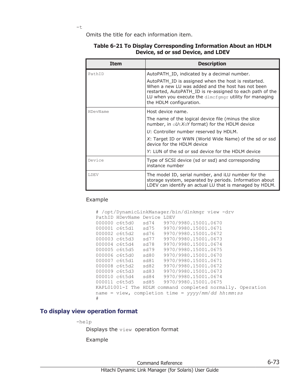 To display view operation format -73, Table 6-21 to | HP Hitachi Dynamic Link Manager Software Licenses User Manual | Page 421 / 646