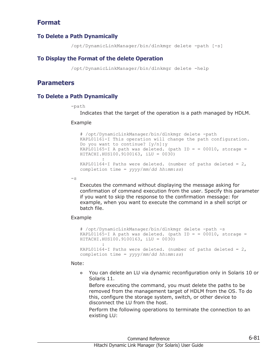 Format, Parameters, Format -81 | To delete a path dynamically -81, To display the format of the delete operation -81, Parameters -81 | HP Hitachi Dynamic Link Manager Software Licenses User Manual | Page 429 / 646