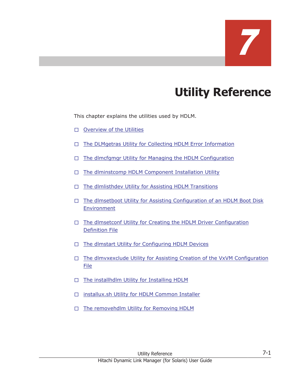 Utility reference, 7 utility reference -1, Chapter 7, utility reference on | HP Hitachi Dynamic Link Manager Software Licenses User Manual | Page 431 / 646