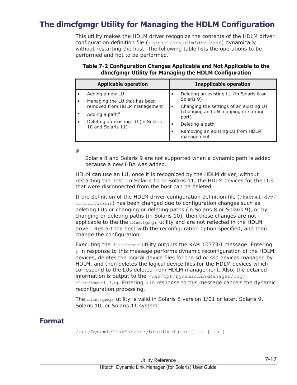Format, Format -17, The dlmcfgmgr utility for managing | Utility, see, The dlmcfgmgr utility for, The hdlm configuration, see, The dlmcfgmgr utility for managing the | HP Hitachi Dynamic Link Manager Software Licenses User Manual | Page 447 / 646