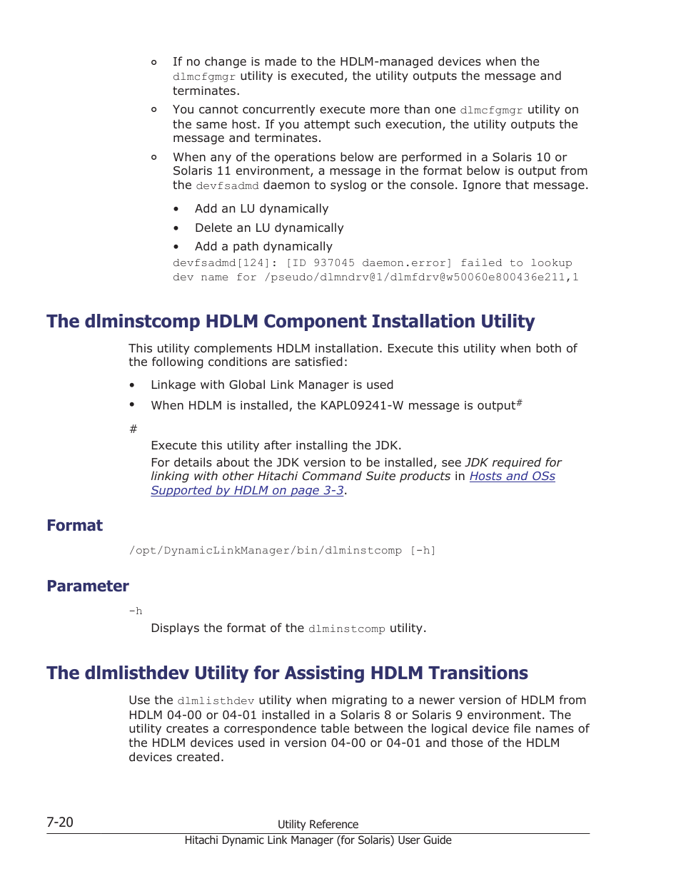 Format, Parameter, Format -20 | Parameter -20, Utility, see, The dlminstcomp hdlm | HP Hitachi Dynamic Link Manager Software Licenses User Manual | Page 450 / 646