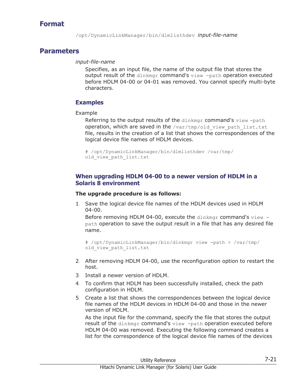 Format, Parameters, Format -21 | Parameters -21 | HP Hitachi Dynamic Link Manager Software Licenses User Manual | Page 451 / 646