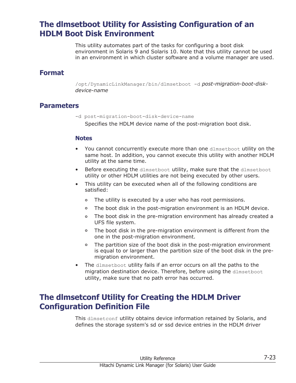 Format, Parameters, Format -23 | Parameters -23, Utility, see, The dlmsetconf utility for creating, The dlmsetconf utility for, The dlmsetboot utility for | HP Hitachi Dynamic Link Manager Software Licenses User Manual | Page 453 / 646