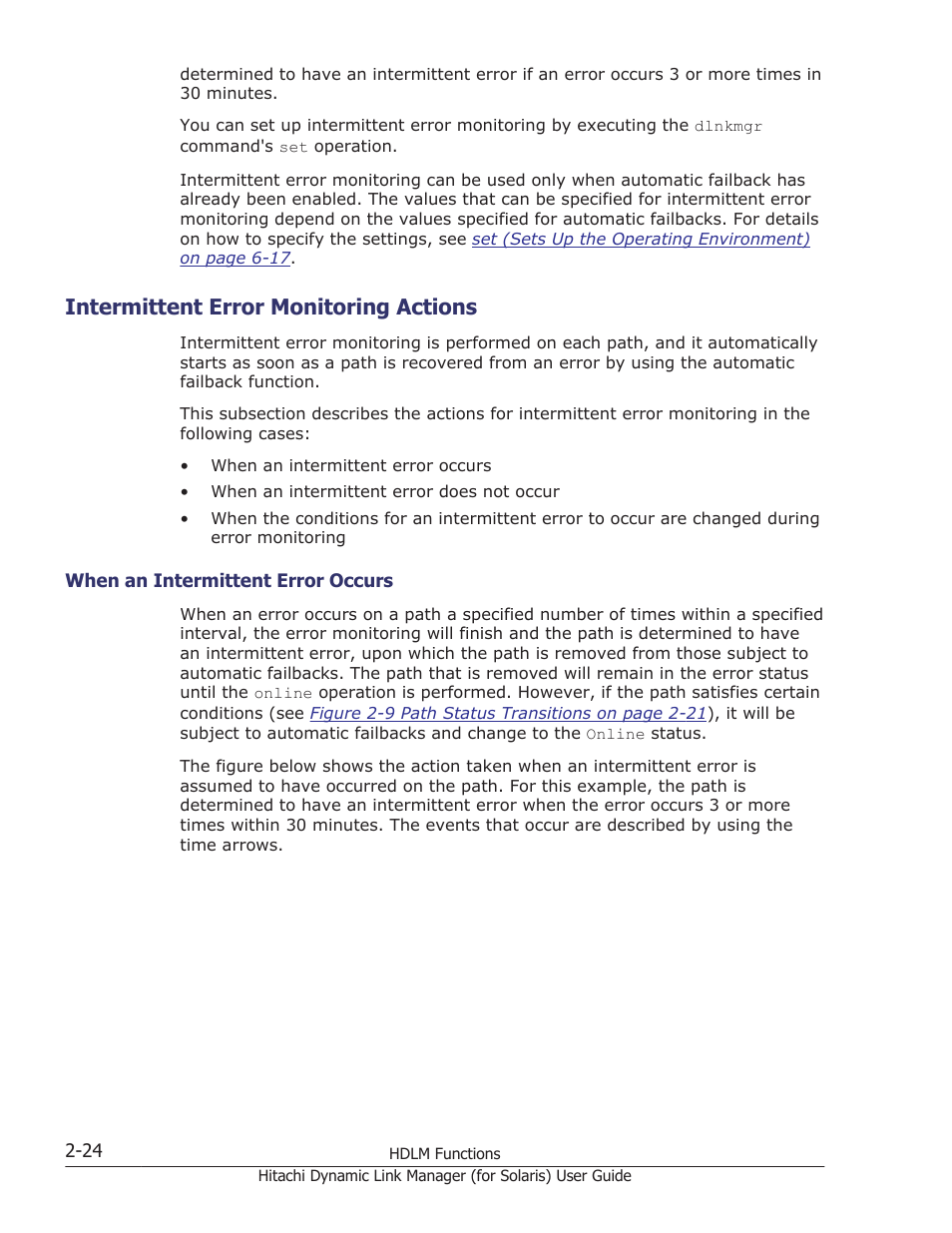 Intermittent error monitoring actions, Intermittent error monitoring actions -24, When an intermittent error occurs -24 | HP Hitachi Dynamic Link Manager Software Licenses User Manual | Page 46 / 646