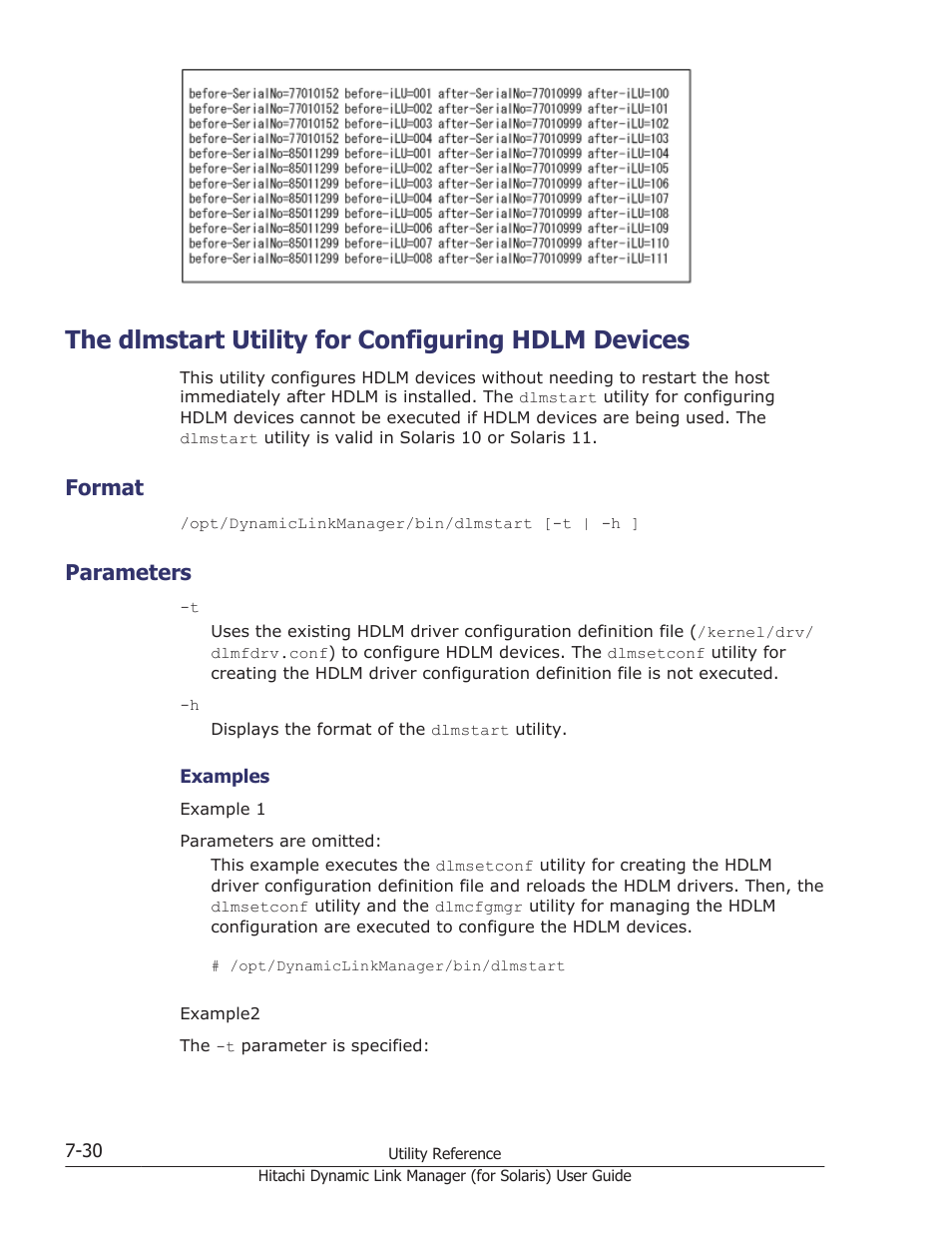 The dlmstart utility for configuring hdlm devices, Format, Parameters | Format -30, Parameters -30, Utility, see, The dlmstart utility for configuring | HP Hitachi Dynamic Link Manager Software Licenses User Manual | Page 460 / 646